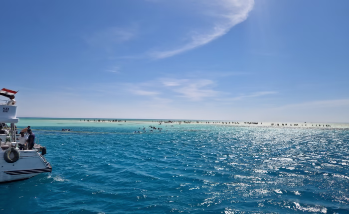 Turquoise Red Sea water over a coral reef seen from the boat on the Ras Mohammed snorkeling trip
