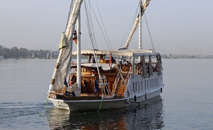 Dahabiya with its sails rigged on the Nile near Luxor
