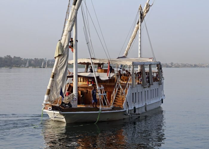 Dahabiya with its sails rigged on the Nile near Luxor