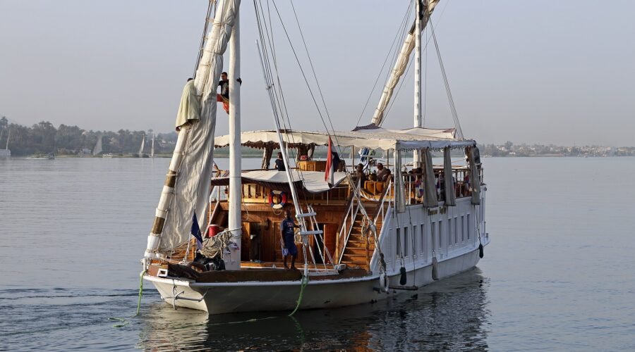 Dahabiya with its sails rigged on the Nile near Luxor